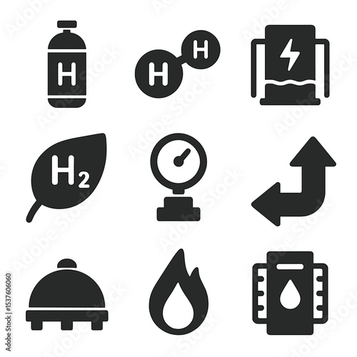 Hydrogen Energy Icons. Solid, filled icons set of hydrogen energy storage: hydrogen tank, H2 molecule icon,