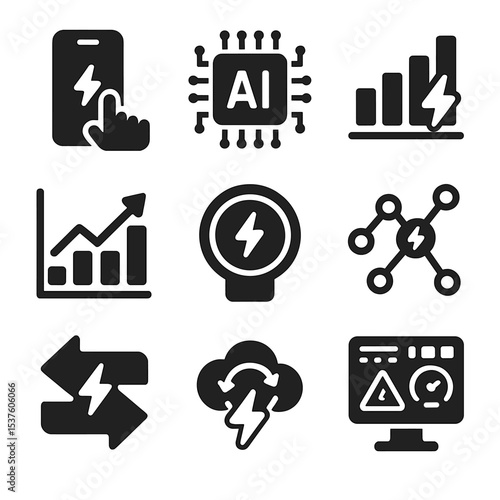 Smart Energy Icon Set. Solid, filled icons set of smart energy management: control app, AI optimization, usage