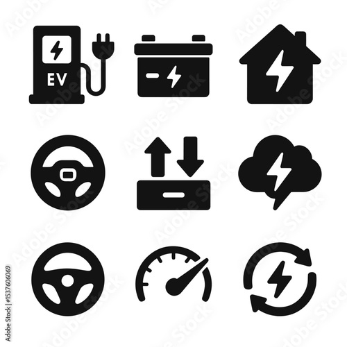 EV Energy Integration Icons. Solid, filled icons set of EV energy storage integration: EV charger, car battery