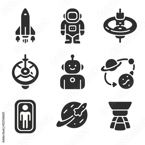 Future Space Icons. Solid, filled icons set of future space travel: reusable rocket, deep space suit, orbit