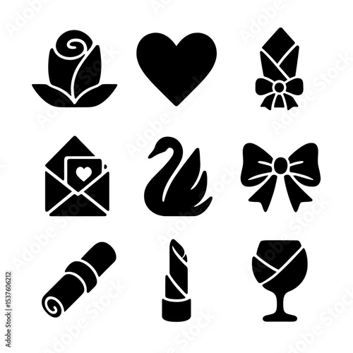 Romantic Napkin Icons. Solid, filled icons set of romantic dinner napkin styles: rose napkin, heart shape,