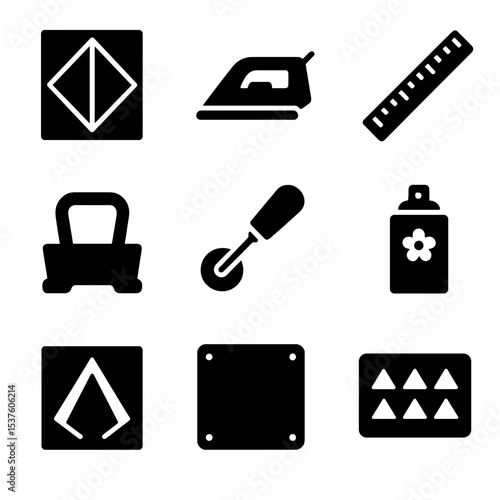 DIY Napkin Tools Icons. Solid, filled icons set of DIY napkin folding tools: folding guide, pressing iron,