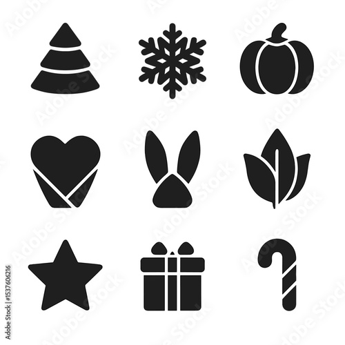 Holiday Napkin Fold Icons. Solid, filled icons set of holiday napkin folds: Christmas tree fold, snowflake