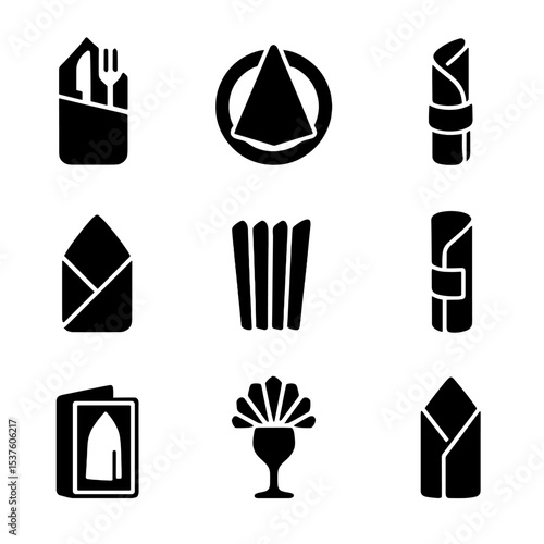 Restaurant Napkin Icons. Solid, filled icons set of restaurant napkin presentation: pocket fold, triangle on