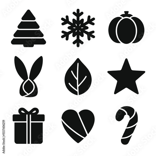Holiday Napkin Fold Icons. Solid, filled icons set of holiday napkin folds: Christmas tree fold, snowflake