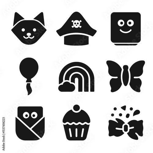 Kids Party Napkin Icons. Solid, filled icons set of kids party napkin ideas: animal face fold, pirate hat,