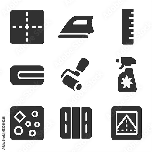 DIY Napkin Tools Icons. Solid, filled icons set of DIY napkin folding tools: folding guide, pressing iron,