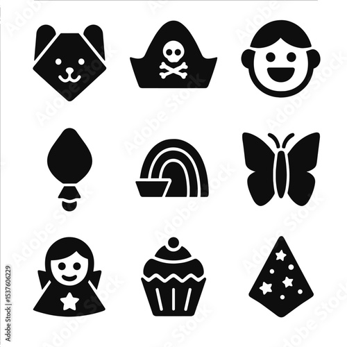 Kids Party Napkin Icons. Solid, filled icons set of kids party napkin ideas: animal face fold, pirate hat,