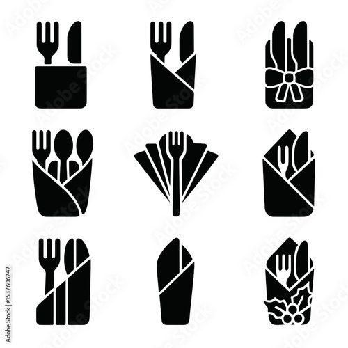 Napkin Fold Icons. Solid, filled icons set of napkin fold with cutlery: cutlery pouch, silverware sleeve, wrap