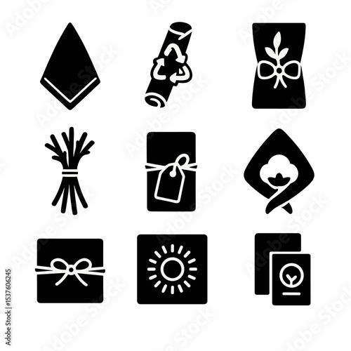 Eco-Friendly Napkin Icons. Solid, filled icons set of eco-friendly napkin decor: linen napkin, recycled ring,