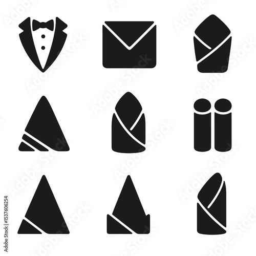 Formal Napkin Fold Icons. Solid, filled icons set of formal event napkin folds: tuxedo fold, dinner envelope,