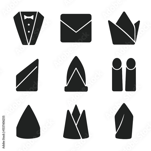 Formal Napkin Fold Icons. Solid, filled icons set of formal event napkin folds: tuxedo fold, dinner envelope,