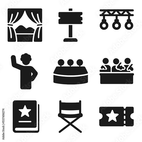 Stage Performance Icons. Solid, filled icons set of stage performance elements: set backdrop, stage prop,