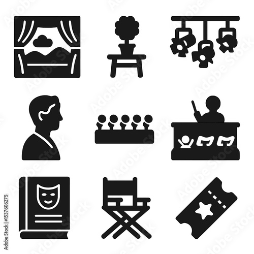 Stage Performance Icons. Solid, filled icons set of stage performance elements: set backdrop, stage prop,