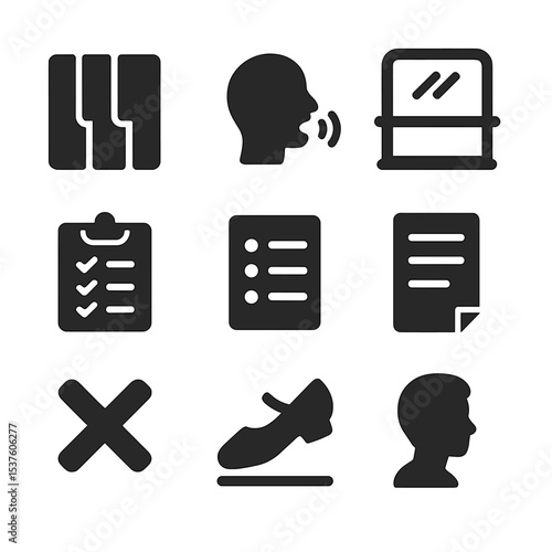Musical Rehearsal Icons. Solid, filled icons set of musical cast rehearsal: piano key, vocal warm-up, dance