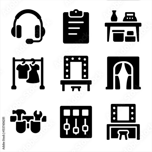 Theater Backstage Icons. Solid, filled icons set of theater production backstage: headset icon, cue sheet,