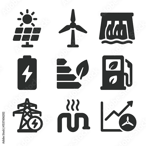 Sustainable Energy Icons. Solid, filled icons set of sustainable energy solutions: solar panel, wind turbine,