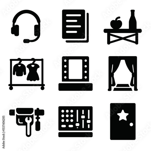 Theater Backstage Icons. Solid, filled icons set of theater production backstage: headset icon, cue sheet,