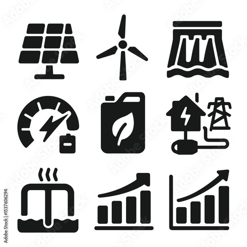 Sustainable Energy Icons. Solid, filled icons set of sustainable energy solutions: solar panel, wind turbine,