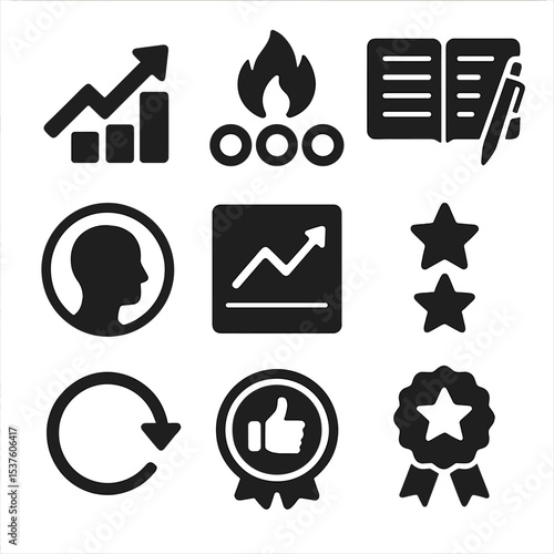 Self-Improvement Icons. Solid, filled icons set of self-improvement tracking: growth arrow, streak tracker,