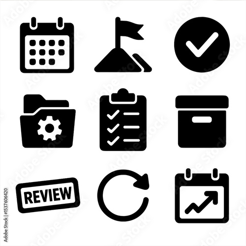 Annual Review Icons. Solid, filled icons set of annual review practices: year summary icon, big goal flag,