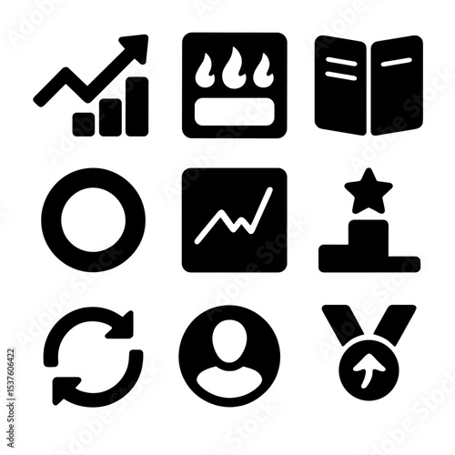 Self-Improvement Icons. Solid, filled icons set of self-improvement tracking: growth arrow, streak tracker,