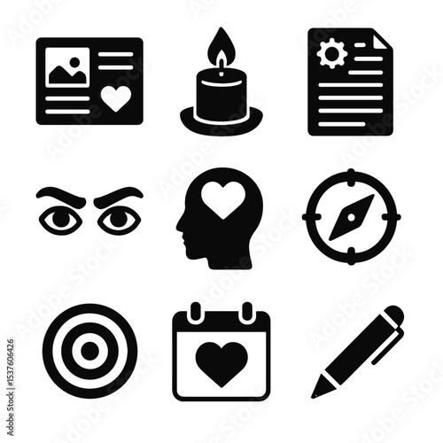 Intention Setting Icons. Solid, filled icons set of intention-setting tools: vision board, intention candle,
