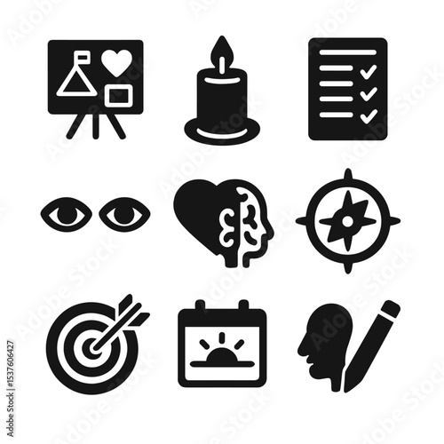 Intention Setting Icons. Solid, filled icons set of intention-setting tools: vision board, intention candle,