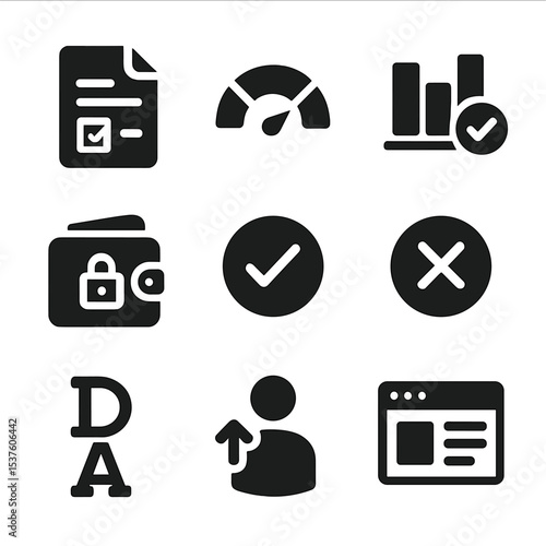 DAO Governance Icons Set. Solid, filled icons set of DAO governance systems: proposal form, quorum meter,