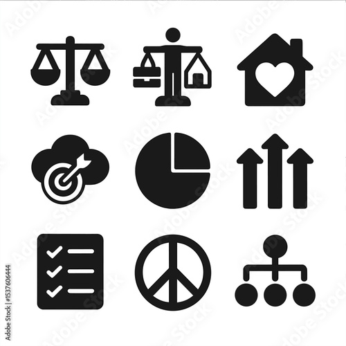 Balancing Life Icons. Solid, filled icons set of balancing life goals: balance scale, work-life icon, home and
