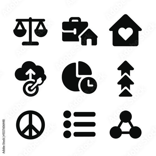 Balancing Life Icons. Solid, filled icons set of balancing life goals: balance scale, work-life icon, home and