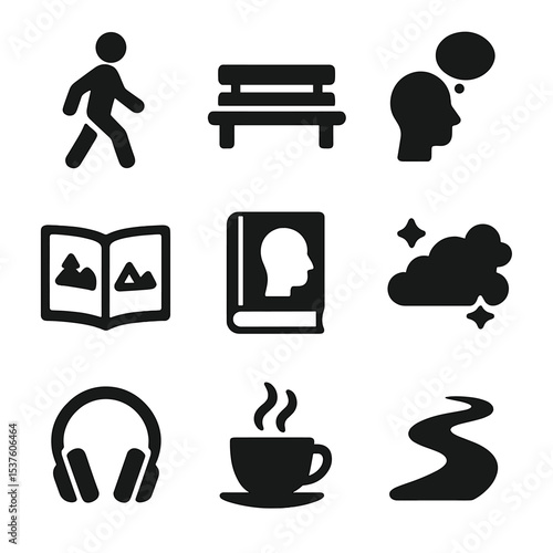 Reflective Solo Icons. Solid, filled icons set of reflective solo activities: nature walk, solo bench,