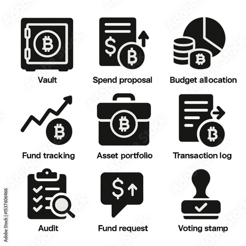 Crypto Management Icons. Solid, filled icons set of crypto treasury management: treasury vault, spend proposal