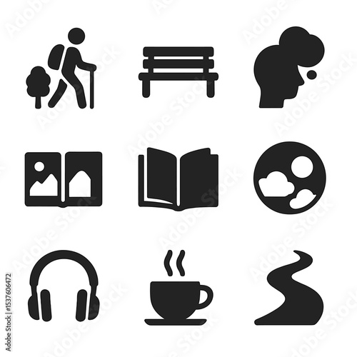 Reflective Solo Icons. Solid, filled icons set of reflective solo activities: nature walk, solo bench,