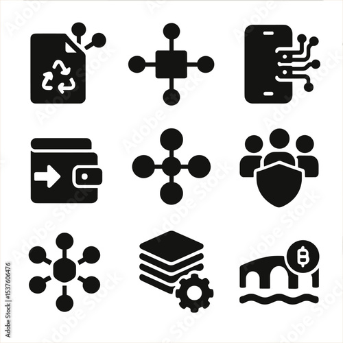 Web3 Collaboration Icons. Solid, filled icons set of Web3 collaboration platforms: DAO tool, integration hub,