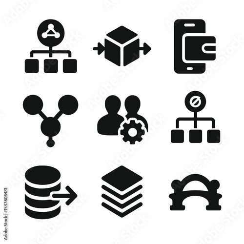 Web3 Collaboration Icons. Solid, filled icons set of Web3 collaboration platforms: DAO tool, integration hub,