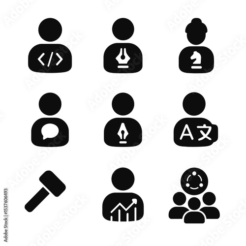 DAO Contributor Icons. Solid, filled icons set of DAO contributor roles: developer icon, designer role,