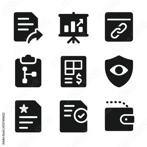 DAO Transparency Icons. Solid, filled icons set of DAO transparency features: audit trail, funding chart,