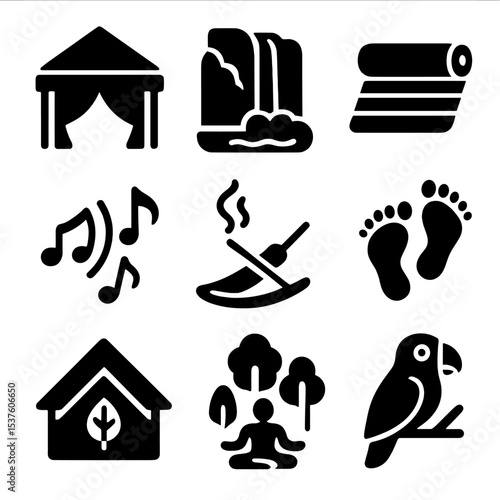 Jungle Yoga Icons. Solid, filled icons set of jungle yoga experiences: canopy shelter, waterfall nearby,