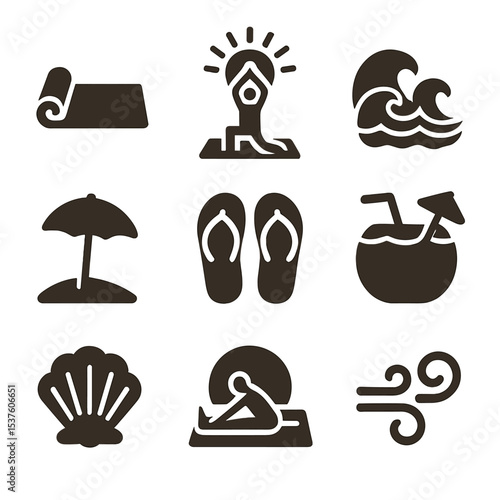 Beach Yoga Icons. Solid, filled icons set of beachside yoga getaways: sandy mat, sun salutation, crashing