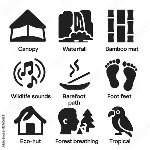 Jungle Yoga Icons. Solid, filled icons set of jungle yoga experiences: canopy shelter, waterfall nearby,