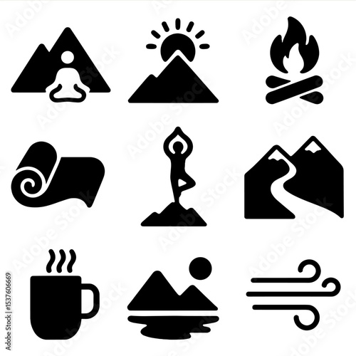 Yoga Retreat Icons. Solid, filled icons set of mountaintop yoga retreats: peak view, cold sunrise, fire circle