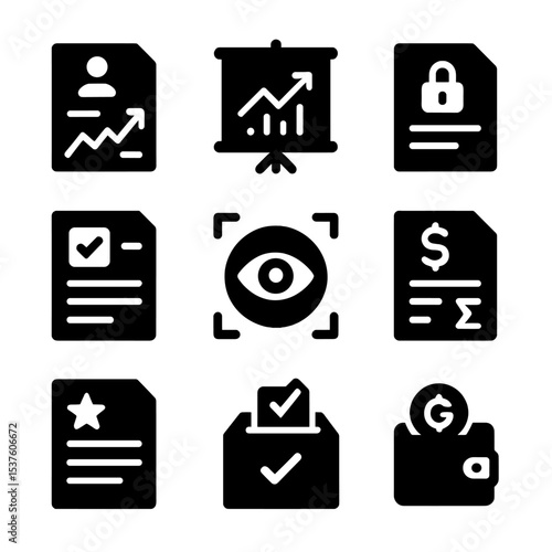 DAO Transparency Icons. Solid, filled icons set of DAO transparency features: audit trail, funding chart,