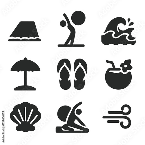 Beach Yoga Icons. Solid, filled icons set of beachside yoga getaways: sandy mat, sun salutation, crashing