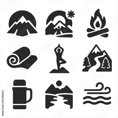 Yoga Retreat Icons. Solid, filled icons set of mountaintop yoga retreats: peak view, cold sunrise, fire circle