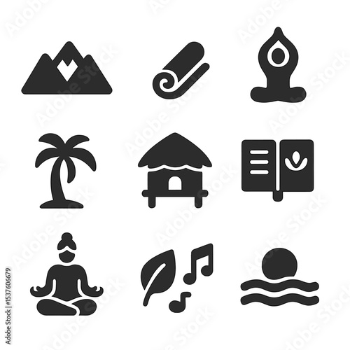 Yoga Retreat Icons. Solid, filled icons set of yoga retreats in exotic locations: mountain view, meditation