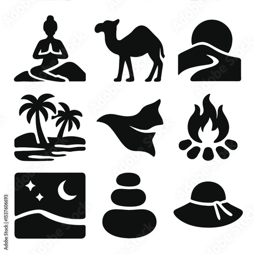Desert Yoga Icons. Solid, filled icons set of desert yoga escapes: sand dune pose, camel icon, sunset glow,