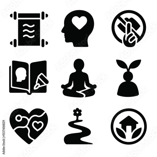 Mindfulness Icon Set. Solid, filled icons set of mindfulness and self-discovery journeys: mantra scroll, heart