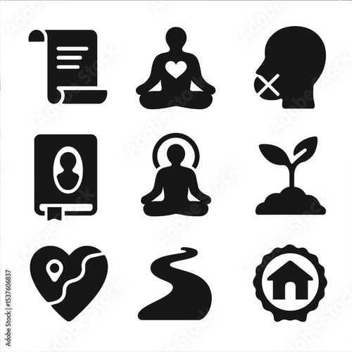 Mindfulness Icon Set. Solid, filled icons set of mindfulness and self-discovery journeys: mantra scroll, heart