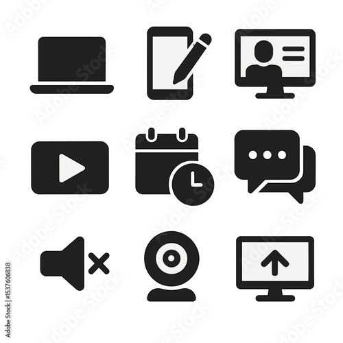 Virtual Learning Icons. Solid, filled icons set of virtual learning setup: open laptop, digital notepad,